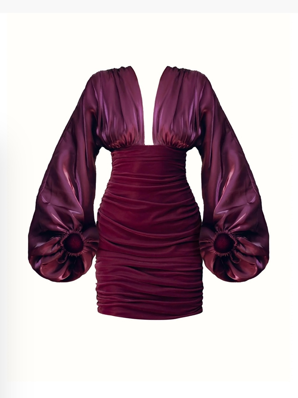 Andrea Iyamah Plum Ruched Dress with Plunging V Neck and Dramatic Balloon Sleeve